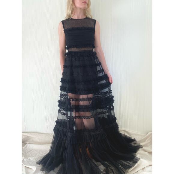 WHOLE 9 YARDS Black Tulle Ruffled Sheer Maxi Formal Gown SMALL - Picture 10 of 12